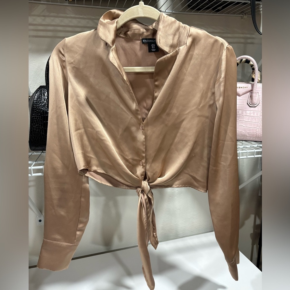 INC International Concepts Women's Tan Satin Tie-Front Blouse